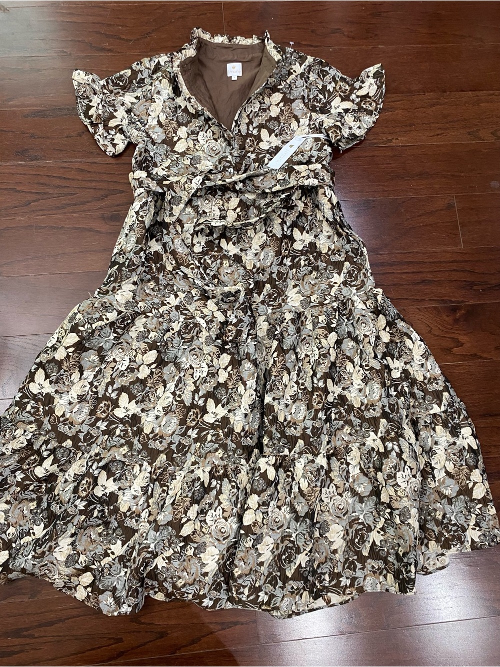 J Marie Tiered Dress Brown Floral Women’s Small NWT Garden Party Luxury